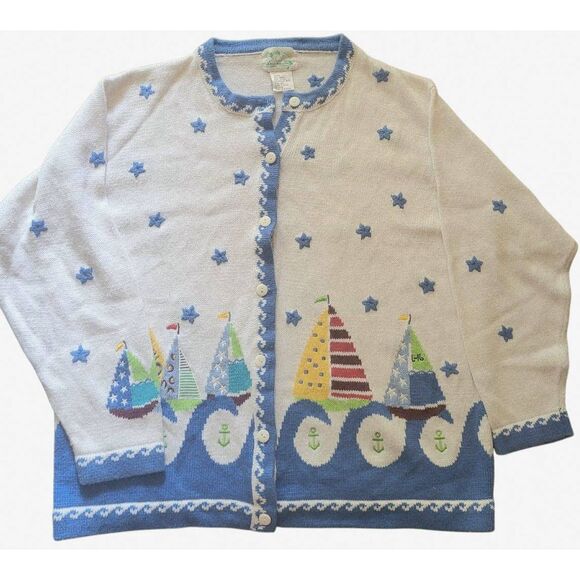 Vintage Quacker Factory Cardigan Sweater Women's 2X White Embroidered Sailboat - Picture 1 of 5
